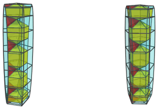 Side view
of the deca-augmented 5,20-duoprism, showing first 6 of 30 square pyramids on
far side