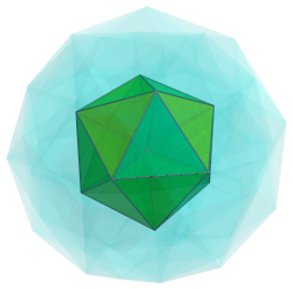 Vertex-first
projection of the 600-cell, with 20 cells surrounding nearest vertex shown