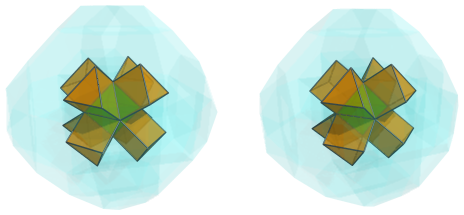 Parallel projection
of the octa-augmented runcitruncated 16-cell, showing 8 triangular prisms