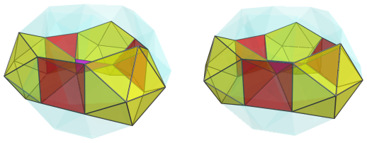 Triangle-centered parallel projection of J92 rhombochoron, showing three
square pyramids