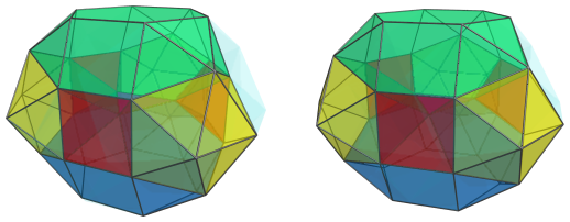 Triangle-centered parallel projection of J92 rhombochoron, showing three
square pyramids, 3 J62's, and 2 J92's