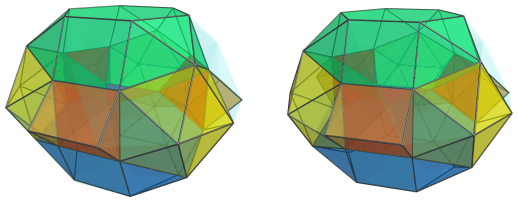 Triangle-centered parallel projection of J92 rhombochoron, showing three
triangular prisms