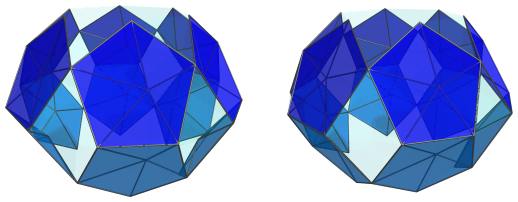 Triangle-centered parallel projection of J92 rhombochoron, showing 12
pentagonal pyramids on far side