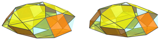 Hexagon-centered parallel projection of J92 rhombochoron, showing 6
equatorial triangular prisms