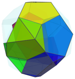 Parallel
projection of the bi-icositetradiminished 600-cell, showing 3 more cells