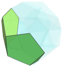 Parallel projection of the
bi-icositetradiminished 600-cell, showing far side of 5th chain