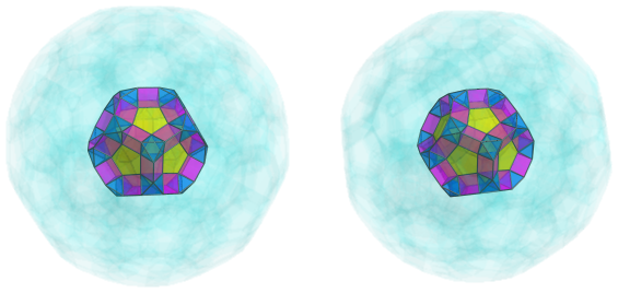 Parallel
projection of the cantellated 120-cell, showing 30 more triangular
prisms