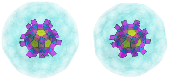 Parallel
projection of the cantellated 120-cell, showing 20 more triangular
prisms