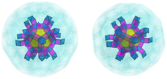 Parallel
projection of the cantellated 120-cell, showing 20 more octahedra