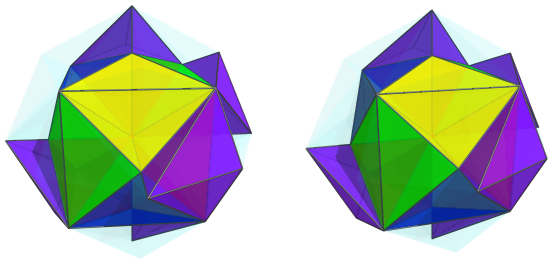 Parallel
projection of the joined 24-cell, showing 6/24 cells in the 2nd layer