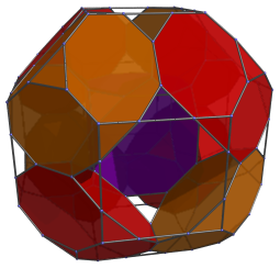 Cell-first
projection of bitruncated 24-cell into 3D, with 8 cells surrounding
nearest cell shown.