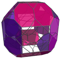 Cell-first
projection of bitruncated 24-cell into 3D, with the other 12 equatorial cells
shown.