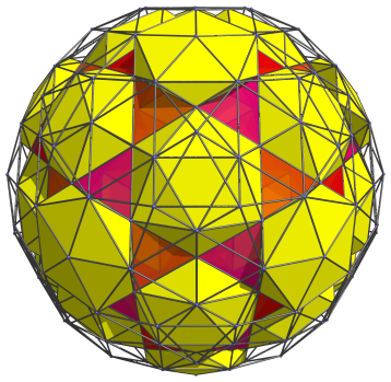 Parallel
projection of the rectified 600-cell, with yet another 12 icosahedral cells
shown