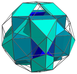 Parallel
projection of the runcinated 24-cell, showing 12 more triangular prisms