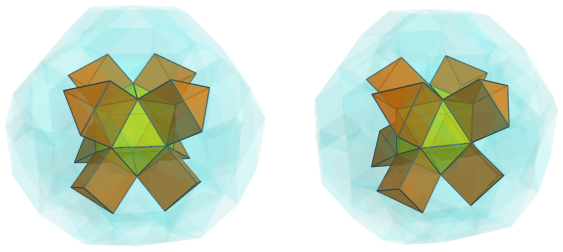 Parallel
projection of the runcinated snub 24-cell, showing 8 triangular prisms