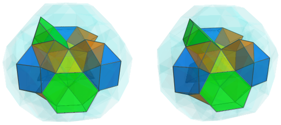 Parallel
projection of the runcinated snub 24-cell, showing 6 of 12 triangular
cupolae