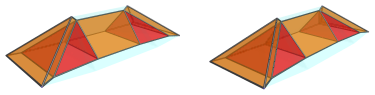 The square magnabicupolic
ring, seen from the side, showing far-side square pyramids and triangular
prisms