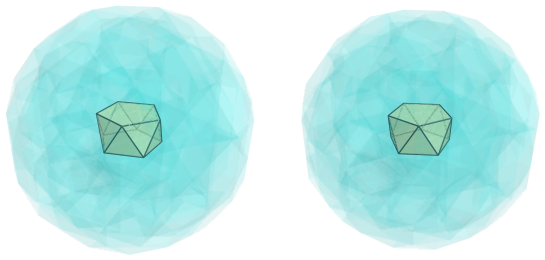 Parallel projection of
swirlprismatodiminished rectified 600-cell, showing nearest pentagonal
antiprism