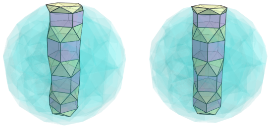 Parallel projection of
swirlprismatodiminished rectified 600-cell, showing yet two more pentagonal
antiprisms