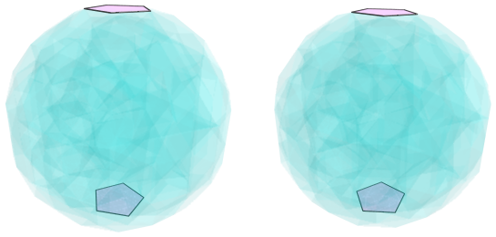 Parallel projection of
swirlprismatodiminished rectified 600-cell, showing two equatorial pentagonal
prisms