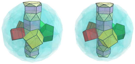 Parallel projection of
swirlprismatodiminished rectified 600-cell, showing five pentagonal antiprism
surrounding nearest one