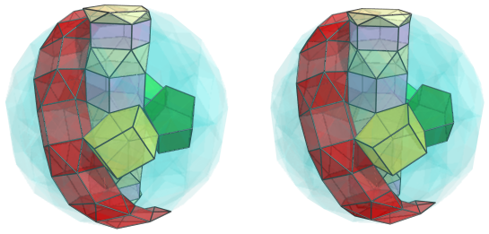 Parallel projection of
swirlprismatodiminished rectified 600-cell, showing second ring of alternating
prisms and antiprisms