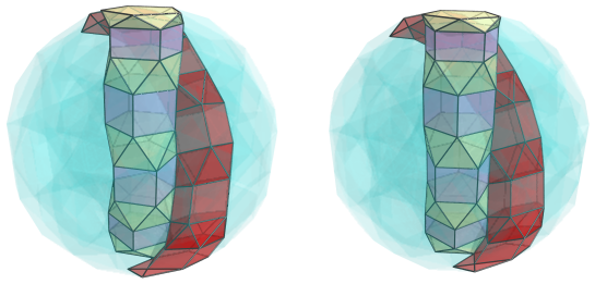 Parallel projection of
swirlprismatodiminished rectified 600-cell, showing far side of second ring of
alternating prisms and antiprisms