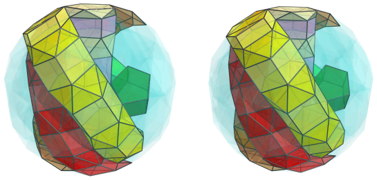 Parallel projection of
swirlprismatodiminished rectified 600-cell, showing fourth ring of alternating
prisms and antiprisms