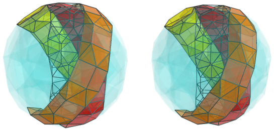 Parallel projection of
swirlprismatodiminished rectified 600-cell, showing far side cells of fourth
ring of alternating prisms and antiprisms