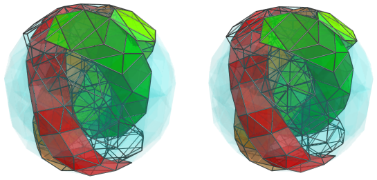 Parallel projection of
swirlprismatodiminished rectified 600-cell, showing sixth ring of alternating
prisms and antiprisms