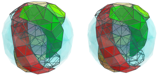 Parallel projection of
swirlprismatodiminished rectified 600-cell, showing 5 rings wrapping around
nearest ring