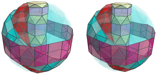 Parallel projection of
swirlprismatodiminished rectified 600-cell, showing 12th ring with rings 1, 2,
8 added