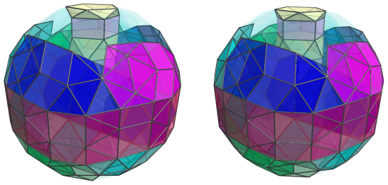 Parallel projection of
swirlprismatodiminished rectified 600-cell, showing 12th ring encircling 2nd
layer rings