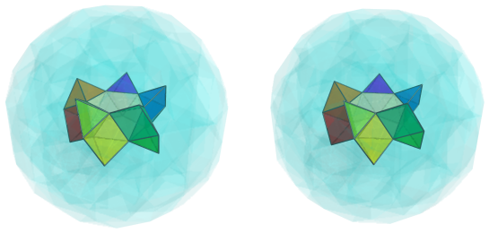 Parallel projection of
swirlprismatodiminished rectified 600-cell, showing nearest pentagonal
antiprism and its surrounding square pyramids