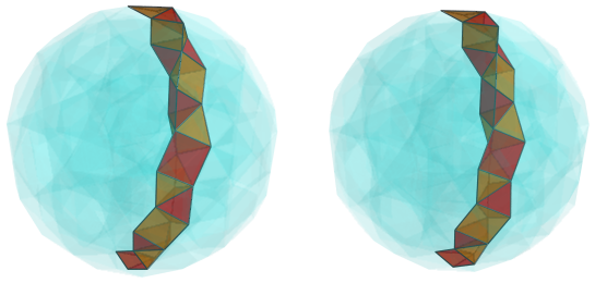 Parallel projection of
swirlprismatodiminished rectified 600-cell, showing back half of 1st square
pyramid ring