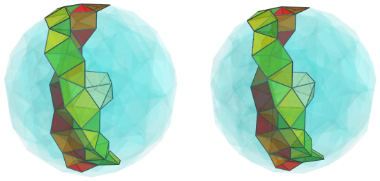 Parallel projection of
swirlprismatodiminished rectified 600-cell, showing nearest pentagonal
antiprism and front half of 2nd square pyramid ring