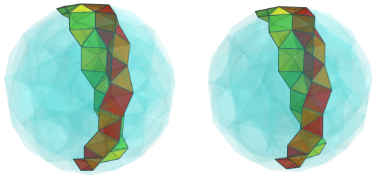 Parallel projection of
swirlprismatodiminished rectified 600-cell, showing back half of 2nd square
pyramid ring