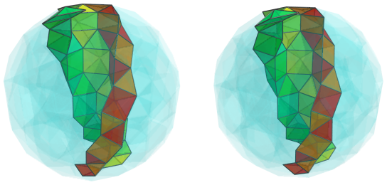 Parallel projection of
swirlprismatodiminished rectified 600-cell, showing back half of 3rd square
pyramid ring