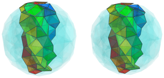 Parallel projection of
swirlprismatodiminished rectified 600-cell, showing nearest pentagonal
antiprism and front half of 4th square pyramid ring