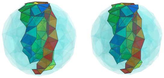 Parallel projection of
swirlprismatodiminished rectified 600-cell, showing back half of 4th square
pyramid ring