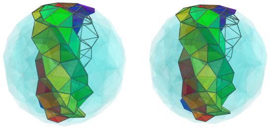 Parallel projection of
swirlprismatodiminished rectified 600-cell, showing nearest pentagonal
antiprism and front half of 5th square pyramid ring