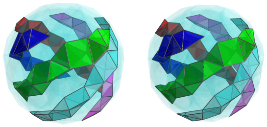 Parallel projection of
swirlprismatodiminished rectified 600-cell, showing back halves of 11th to 15th
square pyramid rings