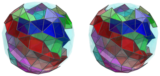 Parallel projection of
swirlprismatodiminished rectified 600-cell, showing 5th to 15th square pyramid
rings together