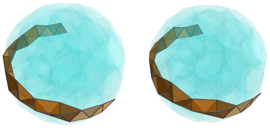 Parallel projection of
swirlprismatodiminished rectified 600-cell, showing 16th square pyramid ring,
front half