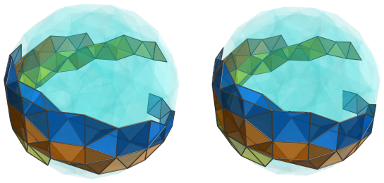 Parallel projection of
swirlprismatodiminished rectified 600-cell, showing 18th square pyramid ring,
front half