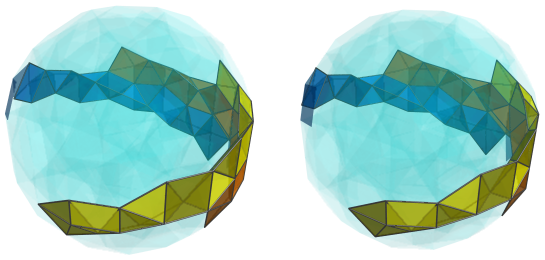 Parallel projection of
swirlprismatodiminished rectified 600-cell, showing 18th square pyramid ring,
back half