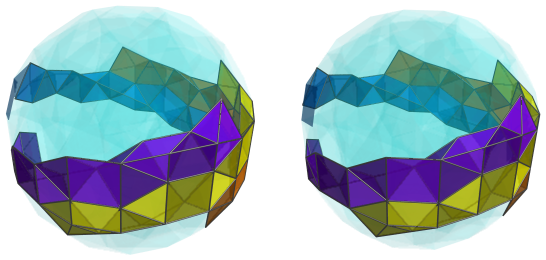 Parallel projection of
swirlprismatodiminished rectified 600-cell, showing 19th square pyramid ring,
back half