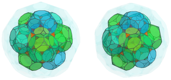 Parallel
projection of the truncated 120-cell, showing 20 more tetrahedra