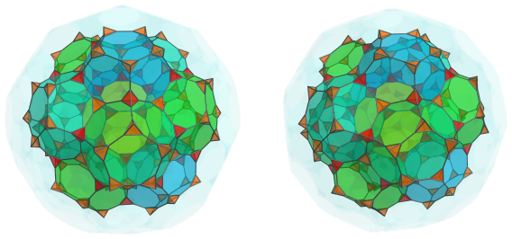 Parallel
projection of the truncated 120-cell, showing 60 more tetrahedra