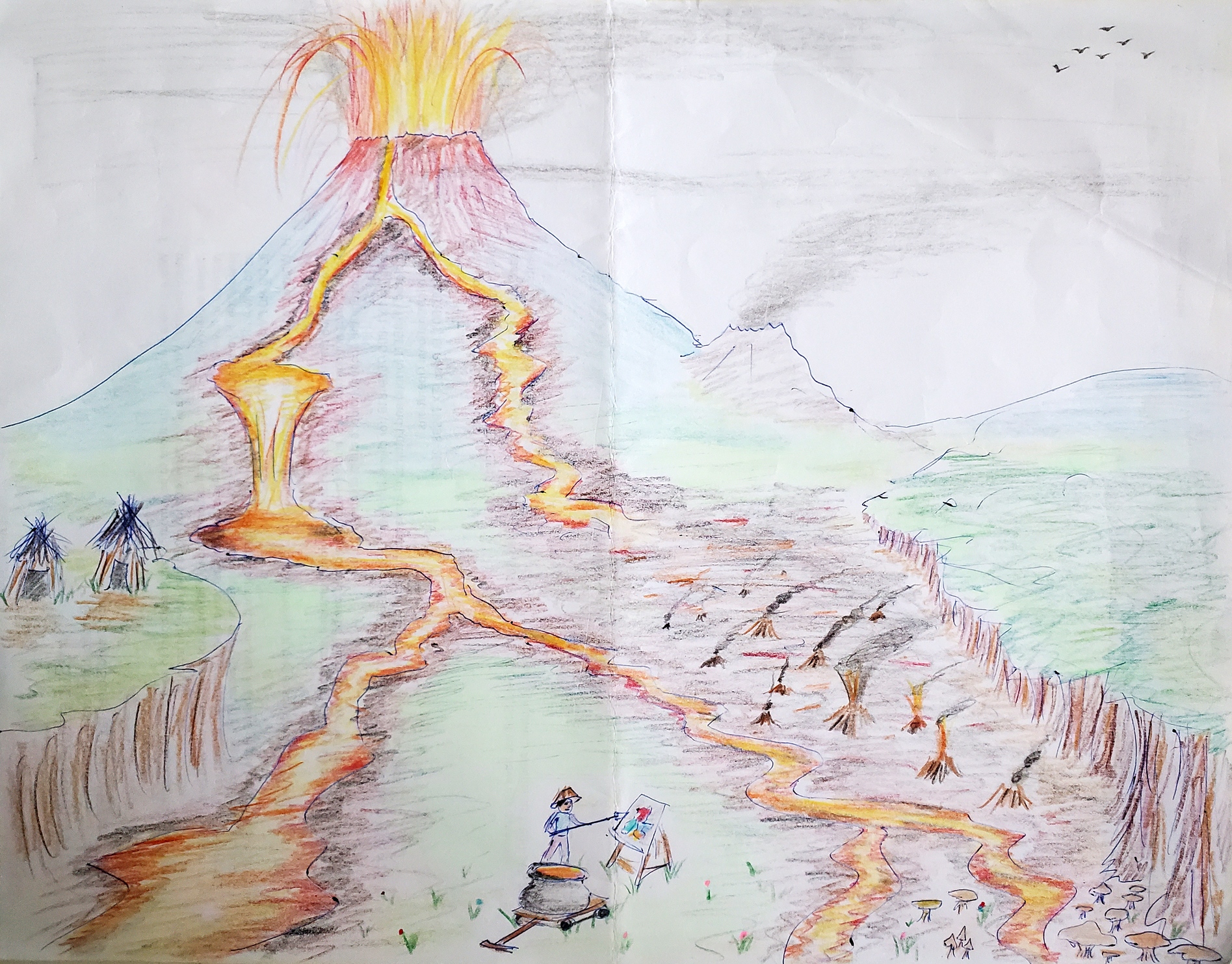 Artist rendition of a scene in Fara, featuring a san muras at
work